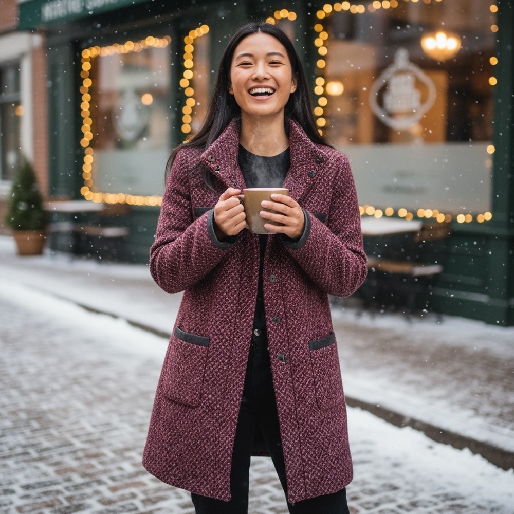 Cortefiel Burgundy Tweed Pea Coat Button Front Classic Wool Style Womens S